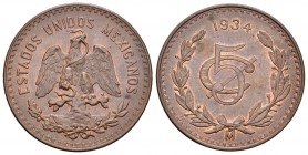 México. 5 centavos. 1934. México. (Km-422). Ae. 9,05 g. Brillo original. EBC+. Est...25,00.