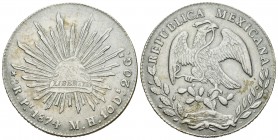 México. 8 reales. 1874. San Luís de Potosí. MH. (Km-377.12). Ag. 27,02 g. MBC+. Est...60,00.