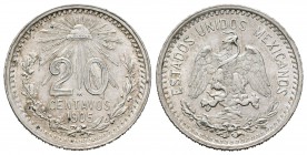 México. 20 centavos. 1905. (Km-435). Ag. 4,96 g. Brillo original. EBC+. Est...25,00.