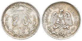 México. 20 centavos. 1905. México. M. (Km-435). Ag. 5,05 g. Restos de brillo original. EBC. Est...40,00.