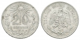 México. 20 centavos. 1919. (Km-436). Ag. 3,62 g. Raya en anverso. EBC. Est...20,00.