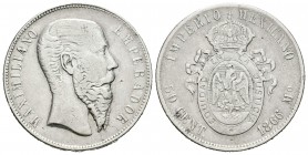 México. Maximiliano. 50 centavos. 1866. México. (Km-387). Ag. 13,41 g. Marca en anverso. BC+. Est...60,00.
