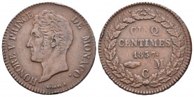 Mónaco. Honore V. 5 céntimos. 1837. M. (Km-95.2). Ae. 9,79 g. Golpecito en el canto. MBC+. Est...35,00.