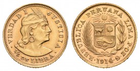 Perú. 1/5 libra. 1914. Lima. (Km-210). Au. 1,62 g. Brillo original. SC. Est...70,00.