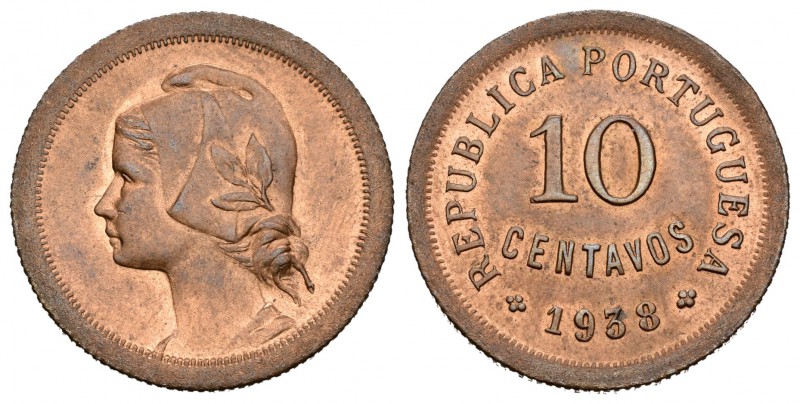 Portugal. 10 centavos. 1938. (Km-573). (Gomes-R 9.05). Ae. 4,02 g. Restos de bri...