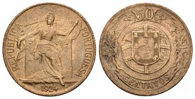 Portugal. 50 centavos. 1924. (Km-575). (Gomes-19.01). Ae. 4,07 g. Buen ejemplar. Escasa. SC-. Est...250,00.