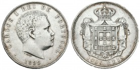 Portugal. Carlos I. 1000 reis. 1899. (Km-540). Ag. 24,89 g. Golpecitos en el canto. MBC+. Est...30,00.