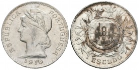 Portugal. 1 escudo. 1916. (Km-564). (Gomes-23.2). Ag. 24,77 g. Suciedad en reverso. SC-. Est...50,00.