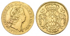Portugal. Joao V. 1/2 escudo. 1730. (Km-218.7). (Gomes-110.10). Au. 1,72 g. Fue utilizado como joya. Rayas en anverso. MBC/MBC+. Est...150,00.