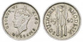 Rhodesia del Sur. George VI. 3 pence. 1940. (Km-16). Ag. 1,41 g. MBC+. Est...18,00.