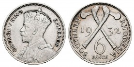 Rhodesia del Sur. George V. 6 pence. 1932. (Km-2). Ag. 2,81 g. MBC+. Est...25,00.
