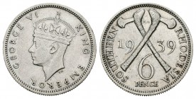 Rhodesia del Sur. George V. 6 pence. 1939. (Km-17). Ag. 2,81 g. MBC+. Est...25,00.