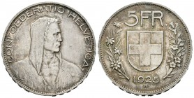 Suiza. 5 francos. 1925. Berna. B. (Km-38). Ag. 25,00 g. Rayitas en anverso. EBC-/EBC. Est...65,00.