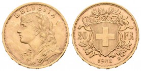 Suiza. 20 francos. 1902. Berna. B. (Km-35.1). (Fr-499). Au. 6,45 g. SC-. Est...180,00.