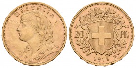 Suiza. 20 francos. 1914. Berna. B. (Km-35.1). Au. 6,47 g. Golpecito en el canto. SC. Est...180,00.