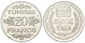 Túnez. 20 francos. 1353 H (1934). París. (Km-263). Ag. 19,97 g. EBC-. Est...25,00.