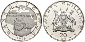 Uganda. 20 shilling. 1970. (Km-11). Ag. 40,21 g. Bienvenida africana al Papa Paul VI. Est...75,00.
