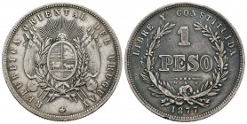 Uruguay. 1 peso. 1877. (Km-17). Ag. 24,89 g. Golpecito en el canto. MBC+. Est...50,00.