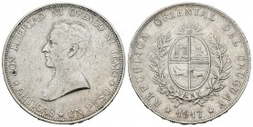 Uruguay. 1 peso. 1917. (Km-23). Ag. 24,82 g. Limpiada. MBC-. Est...25,00.