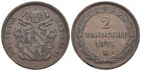 Vaticano. Pio IX. 2 baiocchi. 1851. Roma. R. (Km-1344). Ag. 18,88 g. Anno VI. MBC-. Est...20,00.