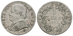 Vaticano. Pio IX. 1 lira. 1867. Roma. R. (Km-1378). (Mont-379). Ag. 4,98 g. Anno XXI. MBC+. Est...45,00.