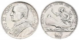 Vaticano. Pío XI. 5 liras. 1935. (Km-7). Ag. 5,01 g. Año XIV. Escasa. SC. Est...45,00.