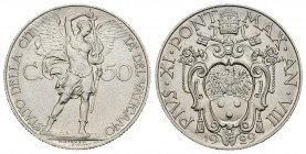 Vaticano. Pío XI. 50 centesimi. 1929. (Km-4). Ag. 5,91 g. Año VIII. Escasa. SC-. Est...60,00.