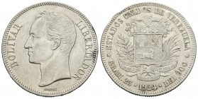 Venezuela. 5 bolívares. 1924. (Km-Y24.2). Ag. 24,98 g. EBC-. Est...30,00.