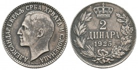 Yugoslavia. Alexander I. 2 dinares. 1925. (Bruselas). (Km-6). 10,07 g. Pátina. Escasa. MBC+. Est...50,00.