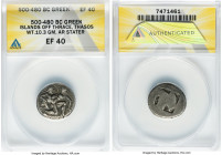 THRACIAN ISLANDS. Thasos. Ca. 500-480 BC. AR stater (21mm, 10.30gm). ANACS XF 40. Nude ithyphallic satyr running right, carrying nymph, her right hand...