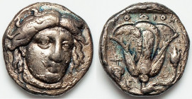CARIAN ISLANDS. Rhodes. Ca. 340-305 BC. AR didrachm (19mm, 6.65 gm, 12h). NGC (photo-certificate) Choice VF 5/5 - 2/5. Head of Helios facing, turned s...