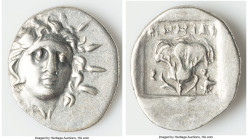 CARIAN ISLANDS. Rhodes. Ca. 88-84 BC. AR hemidrachm (13mm, 1.17 gm, 11h). XF. Plinthophoric coinage, Menodorus, magistrate. Radiate head of Helios rig...