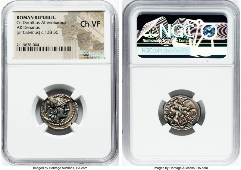 Cn. Domitius Ahenobarbus (ca. 128 BC). AR denarius (19mm, 10h). NGC Choice VF. R...