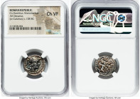 Cn. Domitius Ahenobarbus (ca. 128 BC). AR denarius (19mm, 10h). NGC Choice VF. Rome. Head of Roma right, wearing winged helmet decorated with griffin ...
