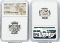 M. Furius L.f. Philus (ca. 121-119 BC). AR denarius (20mm, 3h). NGC VF. Rome. M•FOVRI•L•F, laureate head of Janus / PHLI (PH ligate) in exergue, Roma ...