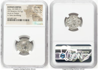 Geta, as Caesar (AD 209-211). AR denarius (19mm, 3.21 gm, 6h). NGC Choice AU 4/5 - 3/5, flan flaw. Rome, ca. early AD 209. P SEPTIMVIS-GETA CAES, bare...