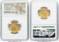 Justinian I the Great (AD 527-565). AV solidus (21mm, 4.42 gm, 6h). NGC AU 4/5 - 4/5. Constantinople, 1st officina, ca. AD 545-565. D N IVSTINI-ANVS P...
