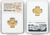Tiberius II Constantine (AD 578-582). AV solidus (19mm, 4.08 gm, 5h). NGC XF 5/5 - 2/5, scuffs, punch mark, clipped. Constantinople, 1st officina, AD ...