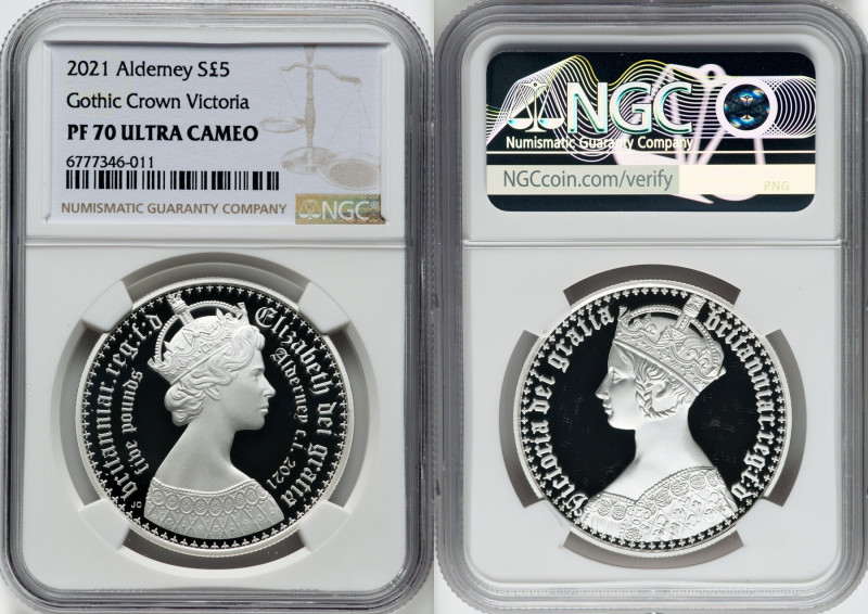 British Dependency. Elizabeth II silver Proof "Gothic Crown - Victoria" 5 Pounds...