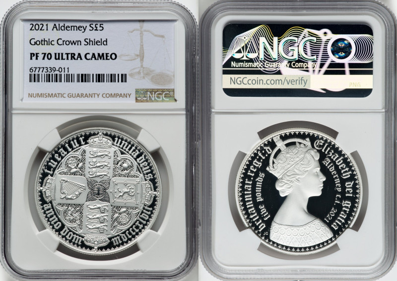 British Dependency. Elizabeth II silver Proof "Gothic Crown - Shield" 5 Pounds 2...