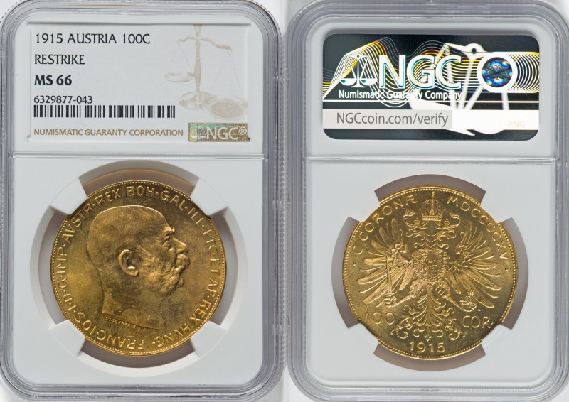 Franz Joseph I gold Restrike 100 Corona 1915 MS66 NGC, Vienna mint, KM2819, Fr-5...