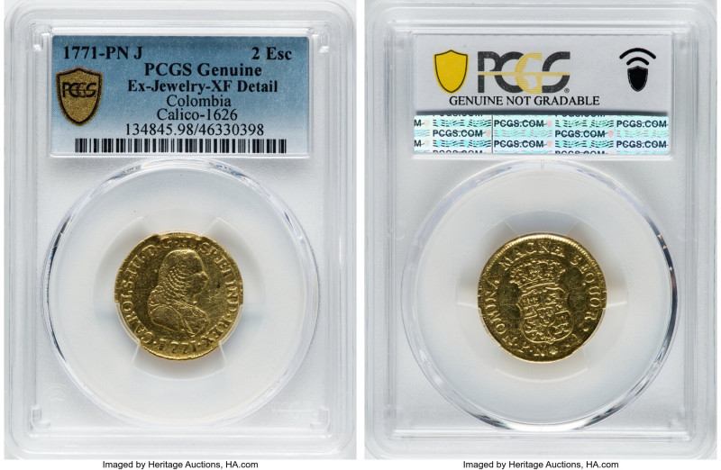 Charles III gold 2 Escudos 1771 PN-J XF Details (Ex. Jewelry) PCGS, Popayan mint...