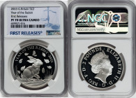 Elizabeth II silver Proof "Year of the Rabbit" 2 Pounds (1 oz) 2023 PR70 Ultra Cameo NGC, Limited Edition Presentation: 2,888. Lunar series. First Rel...