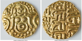 Gahadavalas of Kanauj Govindachandra gold 4-1/2 Masha (Dinar) ND (1114-1154) XF, Fr-213, Mitchiner-496. 18.6mm. 4.13gm. Lakshmi seated facing / Three ...
