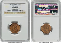 British India. George V Pair of Certified 1/2 Pice NGC, 1) 1/2 Pice 1917-(c) - MS65 Red 2) 1/2 Pice 1922-(c) - MS65 Red and Brown Calcutta mint, KM510...