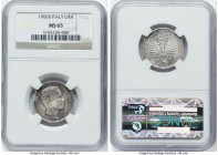 Vittorio Emanuele III Lira 1906-R MS65 NGC, Rome mint, KM32. Lustrous argent surfaces sheathed with blue and violet color. From the Meduno Collection ...