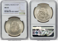 Estados Unidos 6-Piece Lot of Certified 5 Pesos NGC, 1) silver 5 Pesos 1948-Mo - MS65 2) silver 5 Pesos 1952-Mo - MS64 3) silver "Carranza Centennial"...