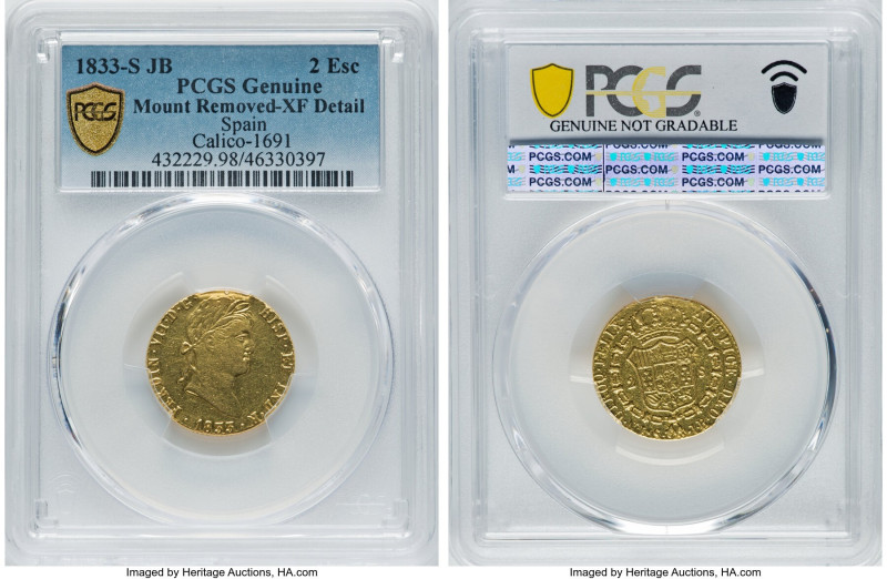 Ferdinand VII gold 2 Escudos 1833 S-JB XF Details (Mount Removed) PCGS, Seville ...