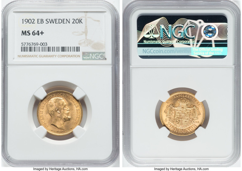 Oscar II gold 20 Kronor 1902-EB MS64+ NGC, Stockholm mint, KM765, Fr-93b. HID098...