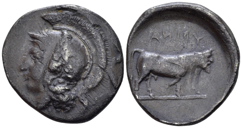 Campania , Hyria Didrachm circa 400-350, AR 22.00 mm., 7.09 g.
Head of Athena l...